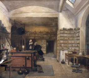 Michael Faraday (1791-1867) dans son laboratoire au sous-sol, 1852